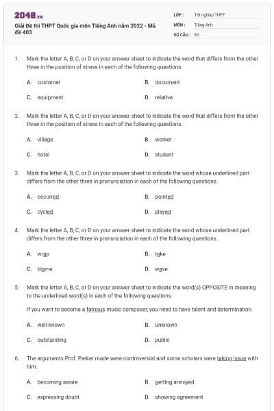 Giải Đề thi THPT Quốc gia môn Tiếng Anh năm 2022 - Mã đề 403