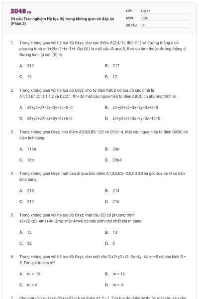54 câu Trắc nghiệm Hệ tọa độ trong không gian có đáp án (Phần 3)
