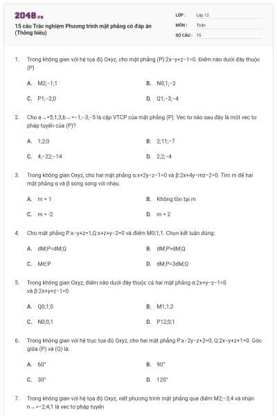 15 câu Trắc nghiệm Phương trình mặt phẳng có đáp án (Thông hiểu)
