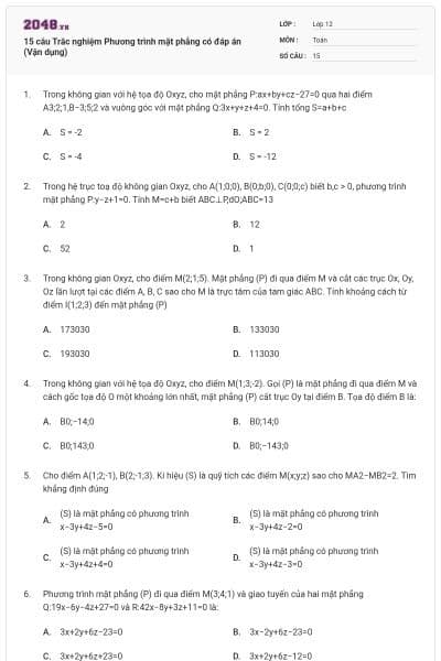 15 câu Trắc nghiệm Phương trình mặt phẳng có đáp án (Vận dụng)