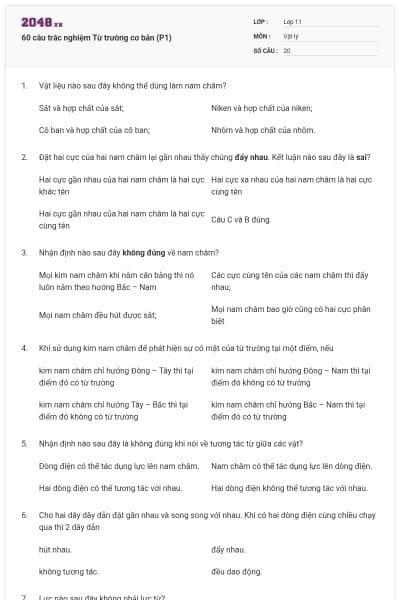 60 câu trắc nghiệm Từ trường cơ bản (P1)