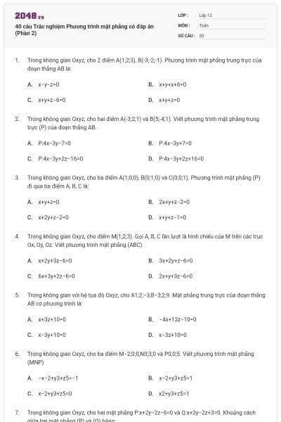 40 câu Trắc nghiệm Phương trình mặt phẳng có đáp án (Phần 2)