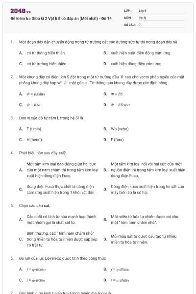 Đề kiểm tra Giữa kì 2 Vật lí 8 có đáp án (Mới nhất) - Đề 14