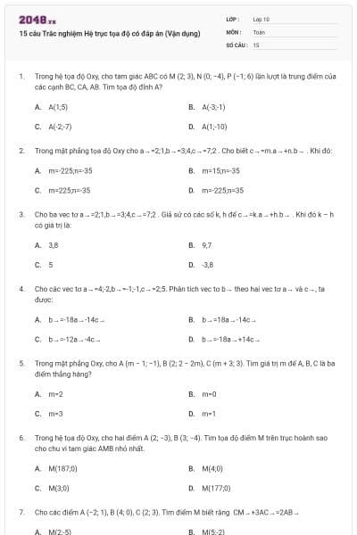 15 câu Trắc nghiệm Hệ trục tọa độ có đáp án (Vận dụng)