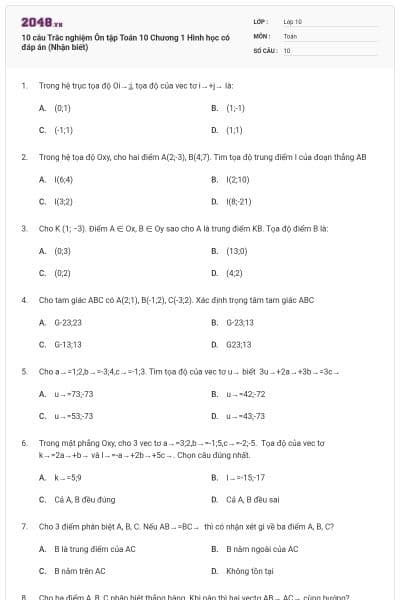 10 câu Trắc nghiệm Ôn tập Toán 10 Chương 1 Hình học có đáp án (Nhận biết)