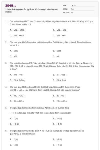 22 câu Trắc nghiệm Ôn tập Toán 10 Chương 1 Hình học có đáp án
