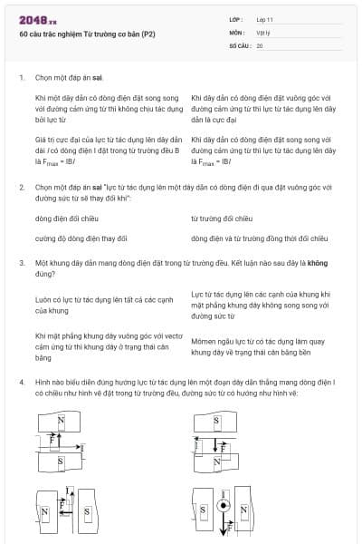 60 câu trắc nghiệm Từ trường cơ bản (P2)