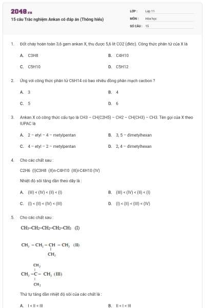 15 câu Trắc nghiệm Ankan có đáp án (Thông hiểu)