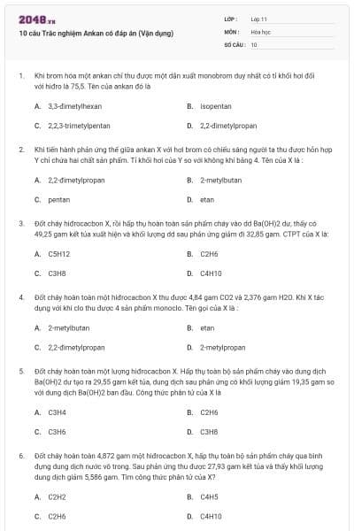 10 câu Trắc nghiệm Ankan có đáp án (Vận dụng)