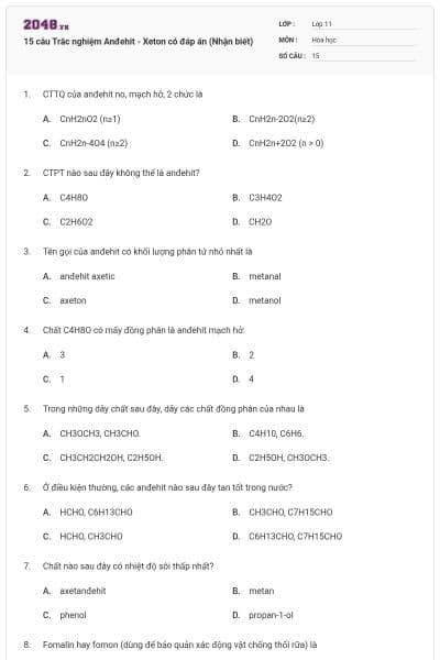 15 câu Trắc nghiệm Anđehit - Xeton có đáp án (Nhận biết)