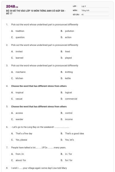 BỘ 30 ĐỀ THI VÀO LỚP 10 MÔN TIẾNG ANH CÓ ĐÁP ÁN - ĐỀ 17