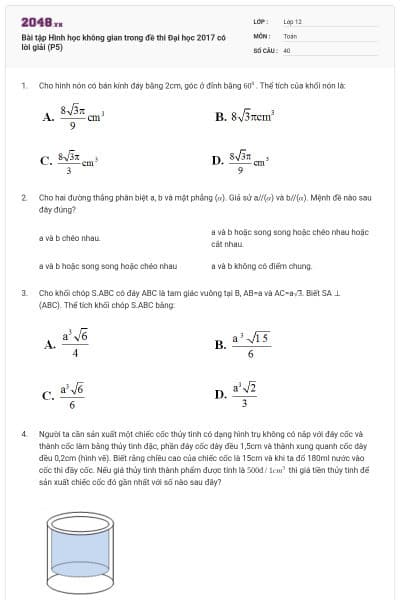 Bài tập Hình học không gian trong đề thi Đại học 2017 có lời giải (P5)
