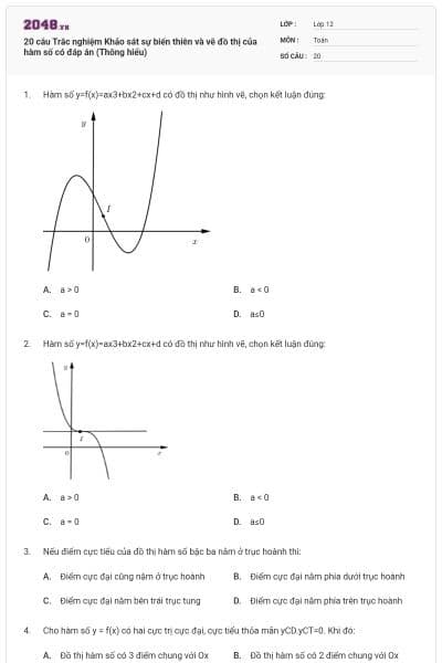 20 câu Trắc nghiệm Khảo sát sự biến thiên và vẽ đồ thị của hàm số có đáp án (Thông hiểu)