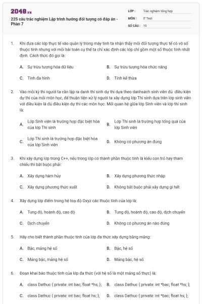 225 câu trắc nghiệm Lập trình hướng đối tượng có đáp án - Phần 7