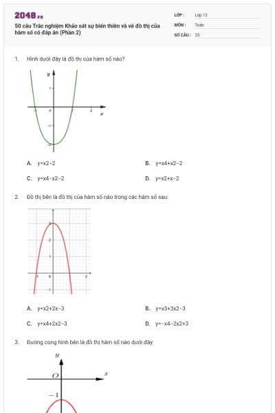 50 câu Trắc nghiệm Khảo sát sự biến thiên và vẽ đồ thị của hàm số có đáp án (Phần 2)