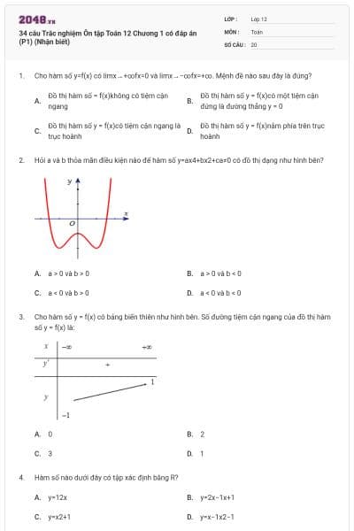 34 câu Trắc nghiệm Ôn tập Toán 12 Chương 1 có đáp án  (P1) (Nhận biết)