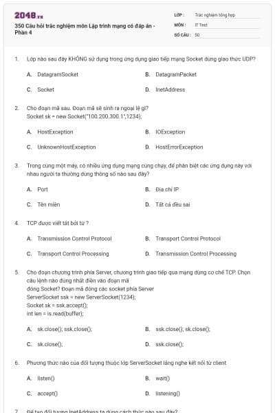 350 Câu hỏi trắc nghiệm môn Lập trình mạng  có đáp án - Phần 4