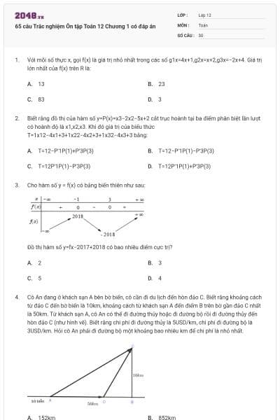 65 câu  Trắc nghiệm Ôn tập Toán 12 Chương 1 có đáp án
