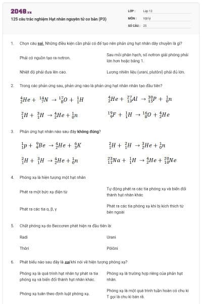 125 câu trắc nghiệm Hạt nhân nguyên tử cơ bản (P3)