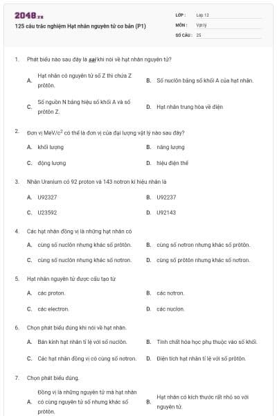 125 câu trắc nghiệm Hạt nhân nguyên tử cơ bản (P1)