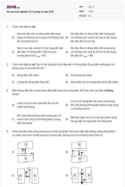 60 câu trắc nghiệm Từ trường cơ bản (P2)