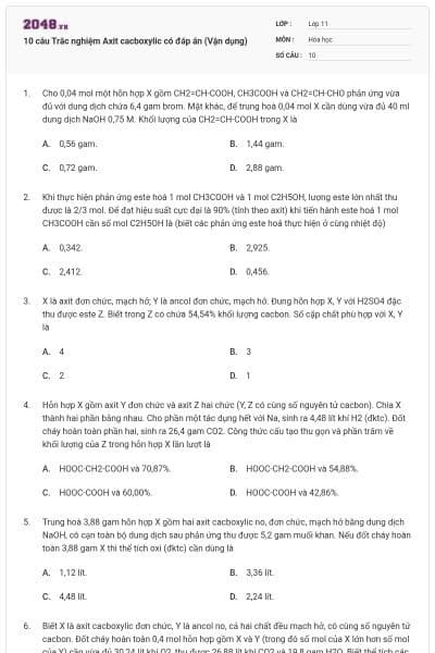 10 câu Trắc nghiệm Axit cacboxylic có đáp án (Vận dụng)