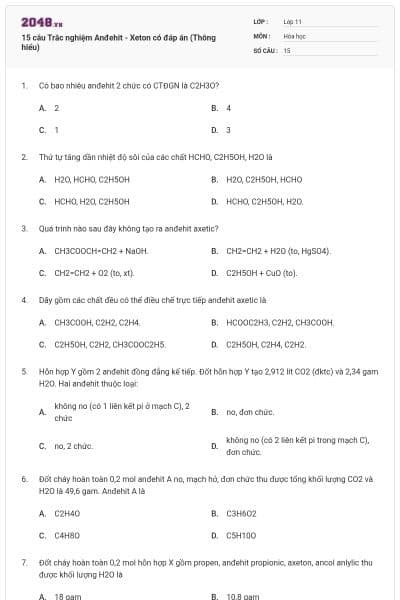 15 câu Trắc nghiệm Anđehit - Xeton có đáp án (Thông hiểu)