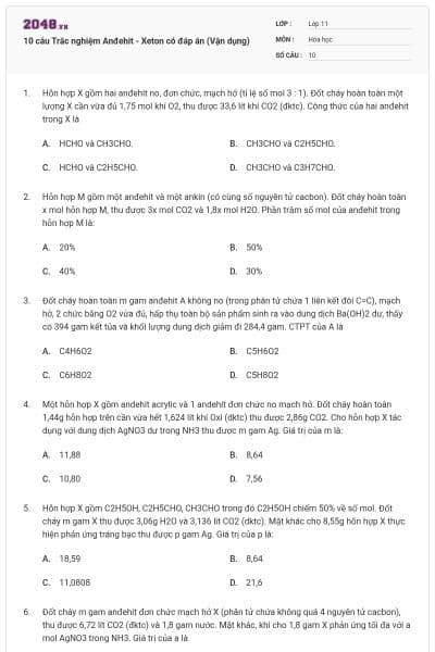 10 câu Trắc nghiệm Anđehit - Xeton có đáp án (Vận dụng)