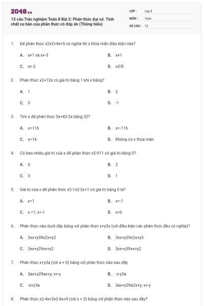 15 câu Trắc nghiệm Toán 8 Bài 2: Phân thức đại số. Tính chất cơ bản của phân thức có đáp án (Thông hiểu)