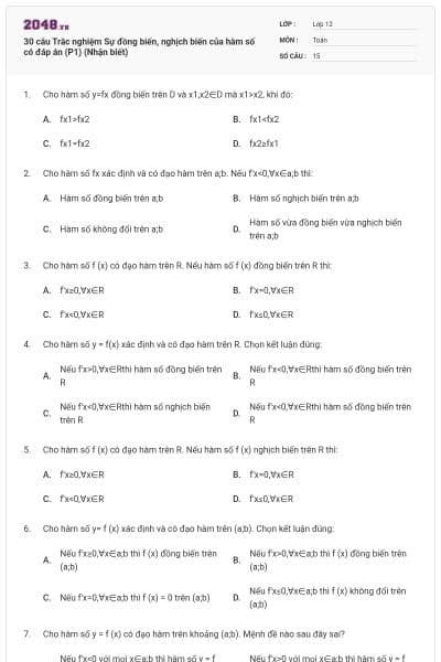 30 câu Trắc nghiệm Sự đồng biến, nghịch biến của hàm số có đáp án (P1) (Nhận biết)