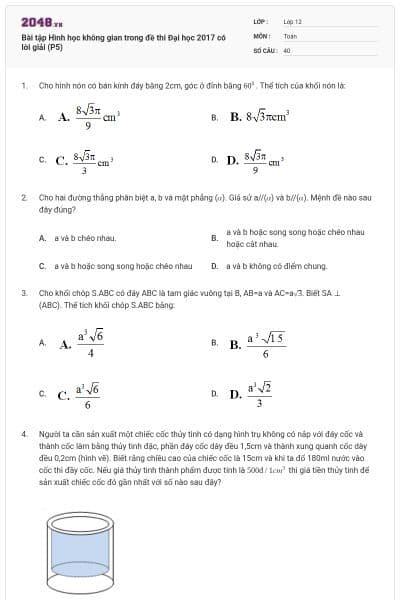Bài tập Hình học không gian trong đề thi Đại học 2017 có lời giải (P5)
