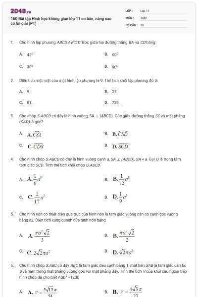 160 Bài tập Hình học không gian lớp 11 cơ bản, nâng cao có lời giải (P1)
