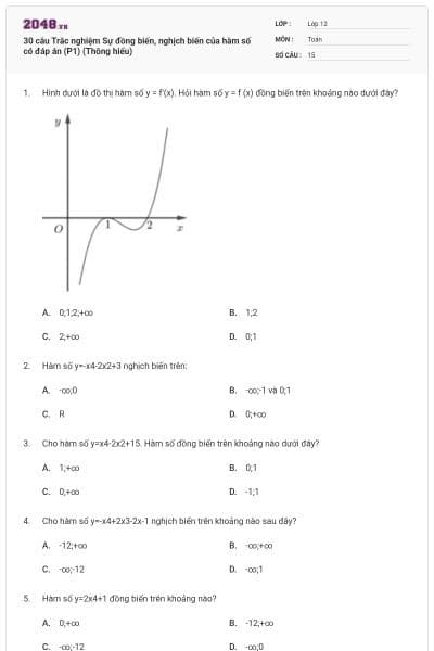 30 câu Trắc nghiệm Sự đồng biến, nghịch biến của hàm số có đáp án (P1) (Thông hiểu)