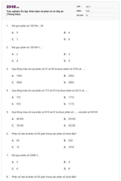 Trắc nghiệm Ôn tập: Khái niệm về phân số có đáp án (Thông hiểu)