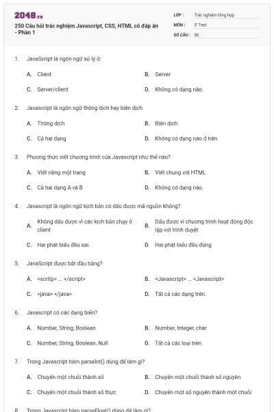 250 Câu hỏi trắc nghiệm Javascript, CSS, HTML có đáp án - Phần 1