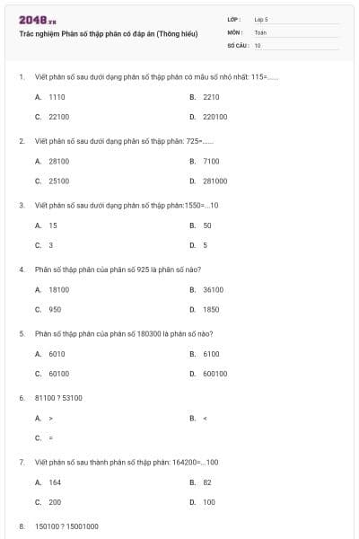 Trắc nghiệm Phân số thập phân có đáp án (Thông hiểu)