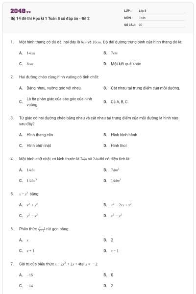 Bộ 14 đề thi Học kì 1 Toán 8 có đáp án - Đề 2