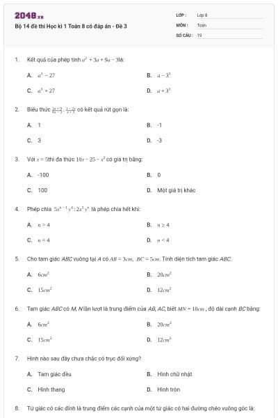 Bộ 14 đề thi Học kì 1 Toán 8 có đáp án - Đề 3