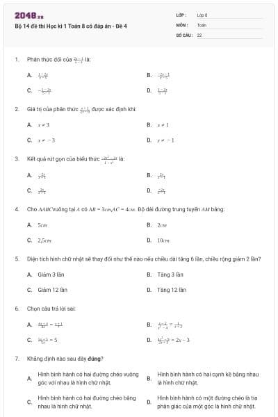 Bộ 14 đề thi Học kì 1 Toán 8 có đáp án - Đề 4