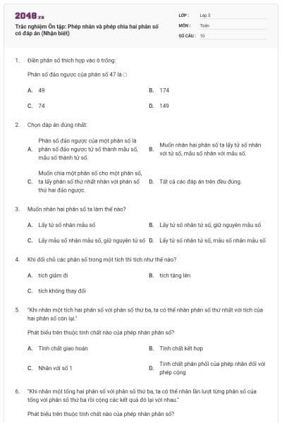 Trắc nghiệm Ôn tập: Phép nhân và phép chia hai phân số có đáp án (Nhận biết)