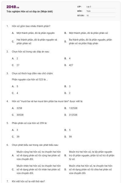 Trắc nghiệm Hỗn số có đáp án (Nhận biết)