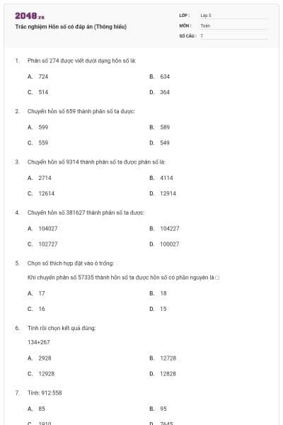 Trắc nghiệm Hỗn số có đáp án (Thông hiểu)