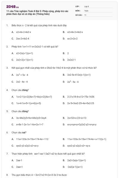 11 câu Trắc nghiệm Toán 8 Bài 5: Phép cộng, phép trừ các phân thức đại số có đáp án (Thông hiểu)