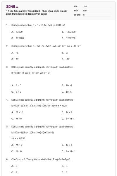 17 câu Trắc nghiệm Toán 8 Bài 6: Phép cộng, phép trừ các phân thức đại số có đáp án (Vận dụng)