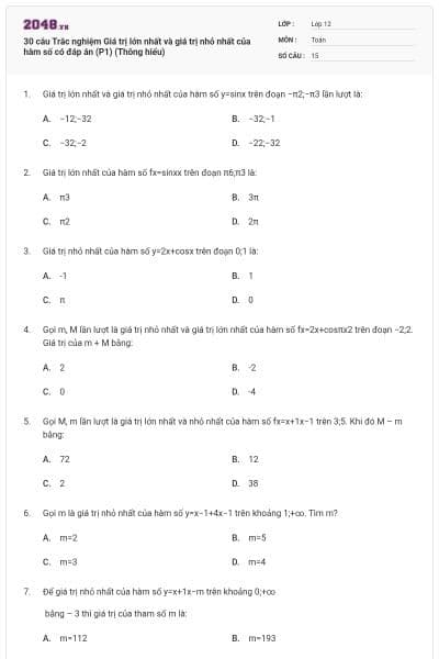 30 câu Trắc nghiệm Giá trị lớn nhất và giá trị nhỏ nhất của hàm số có đáp án (P1) (Thông hiểu)