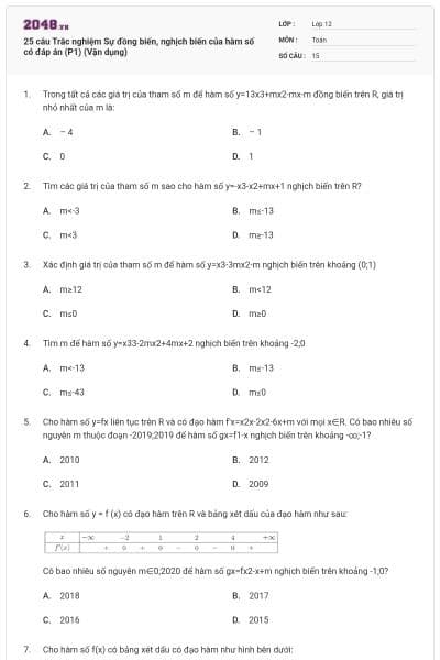 25 câu Trắc nghiệm Sự đồng biến, nghịch biến của hàm số có đáp án (P1) (Vận dụng)
