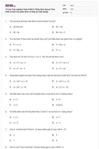 15 câu Trắc nghiệm Toán 8 Bài 2: Phân thức đại số.Tính chất cơ bản của phân thức có đáp án (Vận dụng)