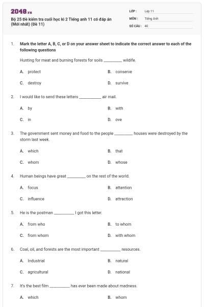 Bộ 25 Đề kiểm tra cuối học kì 2 Tiếng anh 11 có đáp án (Mới nhất) (Đề 11)