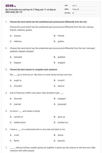 Bộ 25 Đề kiểm tra cuối học kì 2 Tiếng anh 11 có đáp án (Mới nhất) (Đề 14)
