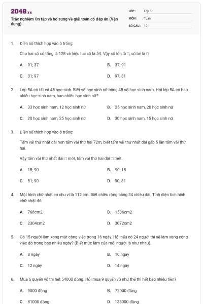 Trắc nghiệm Ôn tập và bổ sung về giải toán có đáp án (Vận dụng)